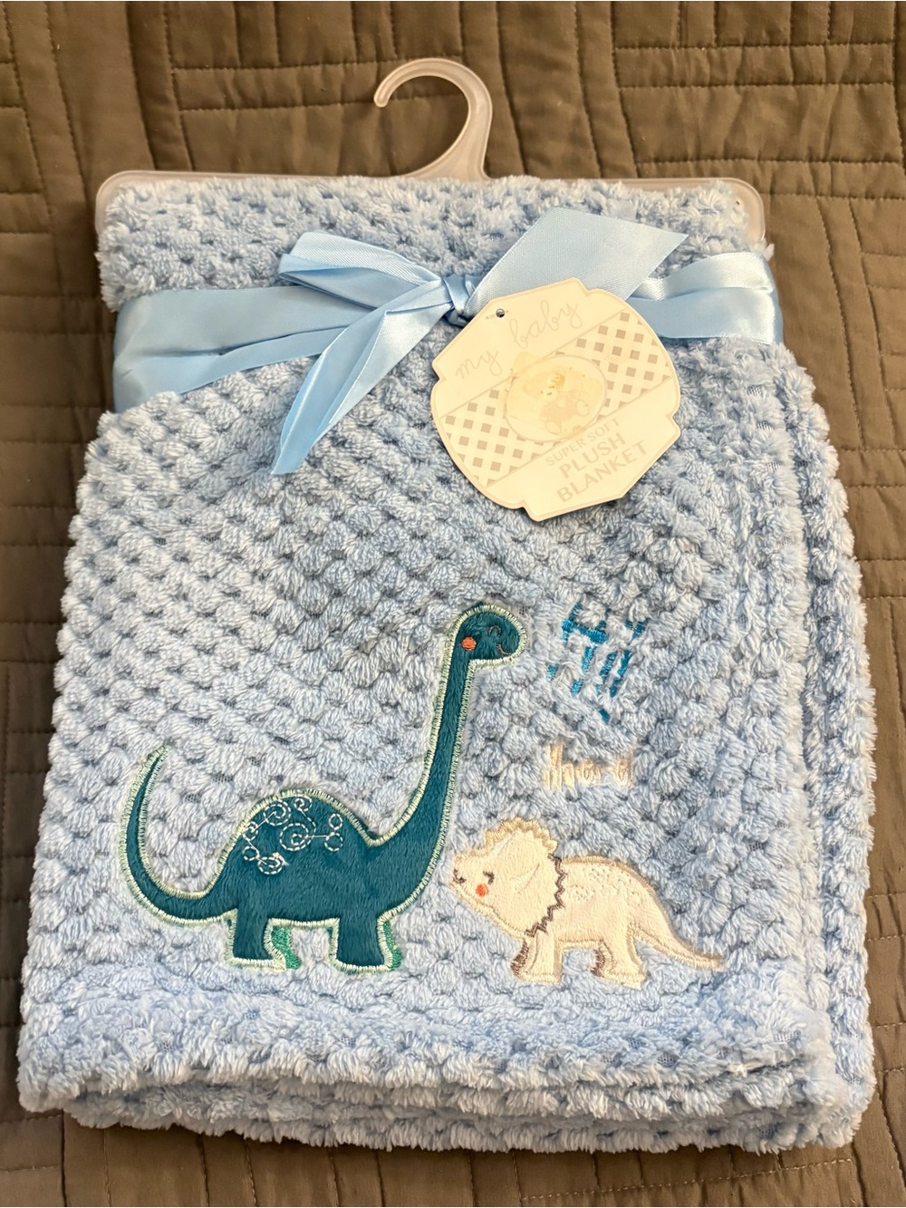 My Baby Boy Dinosaur Baby Blanket Security Dino Lovey Waffle Texture Embroidered